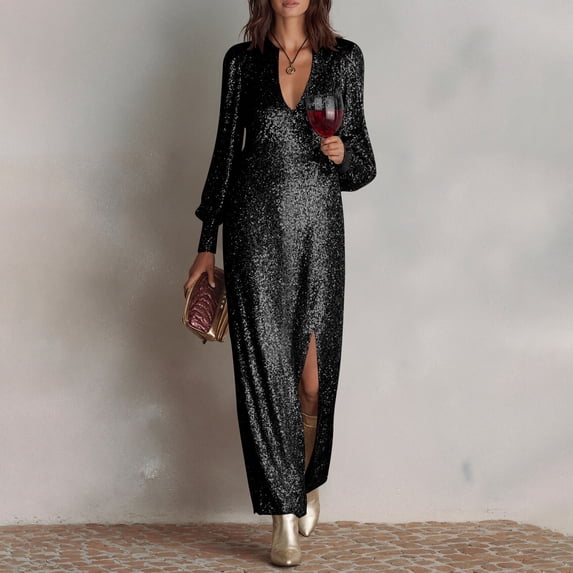 BRGZLK Women's Long Sleeve Slit Sequin Dress Solid Color Trendy Spring Summer Short Sleeve V-Neck Loose Maxi Long Prom Party Formal Dress Black L