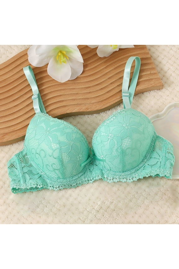 Women's Low Cut Lace Bras Fashion Netting Lace Lightweight Breathable Underwire Lift Adjustable Fit Lingerie Bra Green M