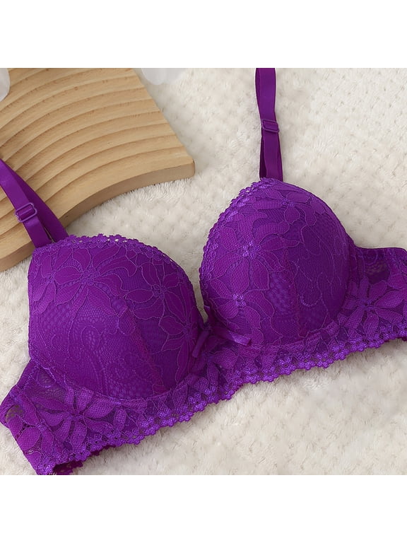 Women's Low Cut Lace Bras Fashion Netting Lace Lightweight Breathable Underwire Lift Adjustable Fit Lingerie Bra Purple L