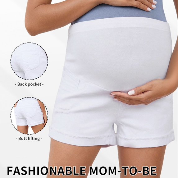 BRGZLK Women's Maternity Denim Shorts High-Waist Summer Belly Support Butt Lifting Adjustable Distressed Casual Workout Denim Shorts with Pocket White XL