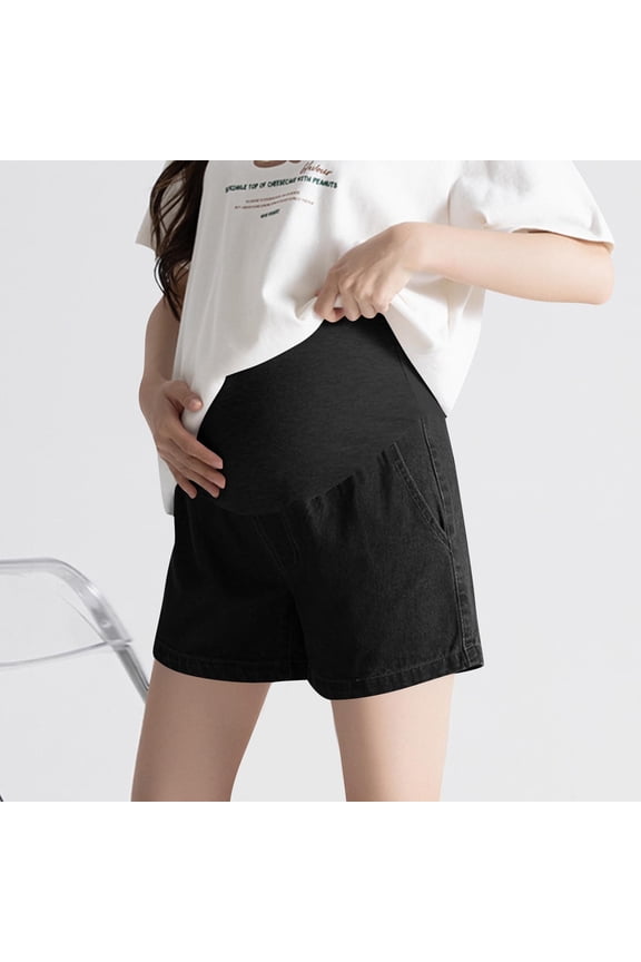Women's Maternity Denim Shorts Summer Trendy Color Block Stretch High Waist Lightweight Comfy Outerwear Casual Mini Shorts with Pocket Black L