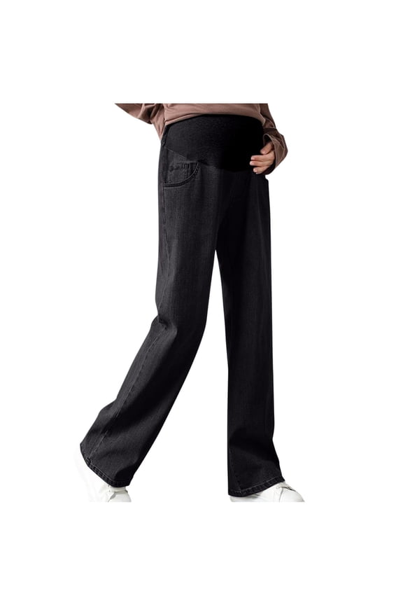 Women's Maternity Jeans Casual Fashion High Waist Stretchy Belly Support Comfy Denim Loose Long Pants Elastic Maternity Jeans Straight Leg Pants Black L