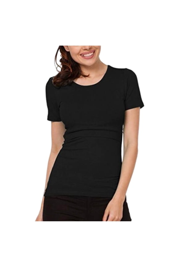 Women's Maternity Nursing Tops Round Neck Short Sleeve Casual Solid Color Pullover Nursing Top Pregnancy Breastfeeding Cotton Shirts Black XL