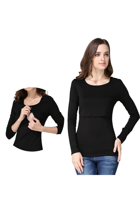 Women's Maternity Nursing Tops Solid Color Casual Soft Comfy Round Neck Long Sleeve T-Shirt Fashion Cotton Lift-Up Nursing Top,Maternity Tops for Breastfeeding Black XL
