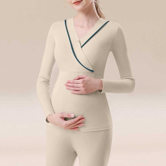 BRGZLK Women's Maternity Nursing Tops Solid Color V Neck Long Sleeve Base Layer Pregnancy Cotton Breastfeeding Tee Shirt with Padded Bra Khaki XXL