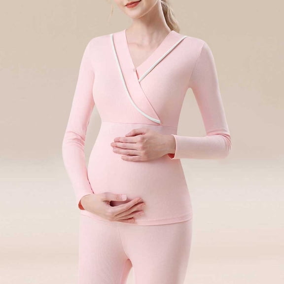 BRGZLK Women's Maternity Nursing Tops Solid Color V Neck Long Sleeve Base Layer Pregnancy Cotton Breastfeeding Tee Shirt with Padded Bra Pink L