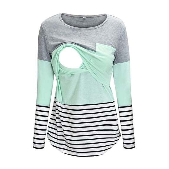 BRGZLK Women's Maternity Nursing Tshirt Casual Color Block Trendy Striped Soft Breathable Patchwork Round Neck Long Sleeve Tops with Pocket for Breastfeeding Gray XXL