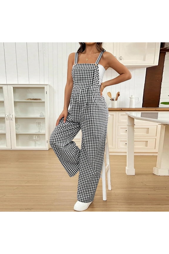 Women's Maternity Overalls Sleeveless Gingham Print Wide Leg Pants with Adjustable Waist Fashion Loose Plaid Overalls Pregnancy Jumpsuit Long Pants Black M