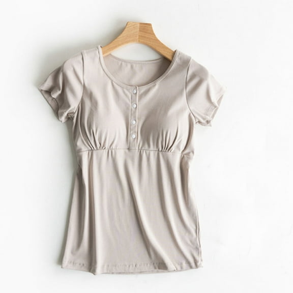 BRGZLK Women's Maternity Round Neck Tops Short Sleeve Casual Solid Color Button-Down Loungewear Soft Comfortable Nursing Cotton Pullover Top Beige XXL