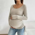 thumbnail image 1 of BRGZLK Women's Maternity Shirts Solid Color Knit Ribbed Drawstring Long Sleeve Round Neck Casual Slim Fitted Tops with Rounded Hem Elastic Tops Khaki M, 1 of 5
