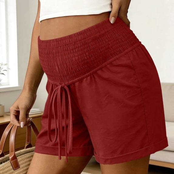BRGZLK Women's Maternity Shorts Summer Casual High Waist Shirred Adjustable Drawstring Stretchy Breathable Pants for Pregnant Red XXL
