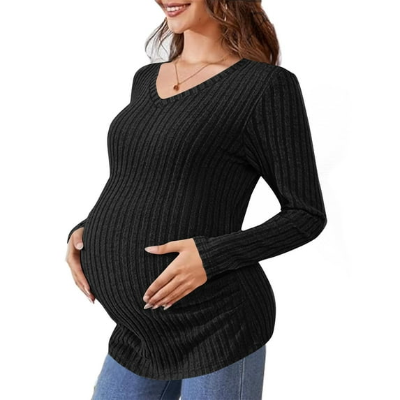 BRGZLK Women's Maternity Sweater Shirt Solid Color Trendy Knit Ribbed Long Sleeve V-Neck Rounded Hem Elastic Side Ruched Pregnant Clothes Sweater Black XXL