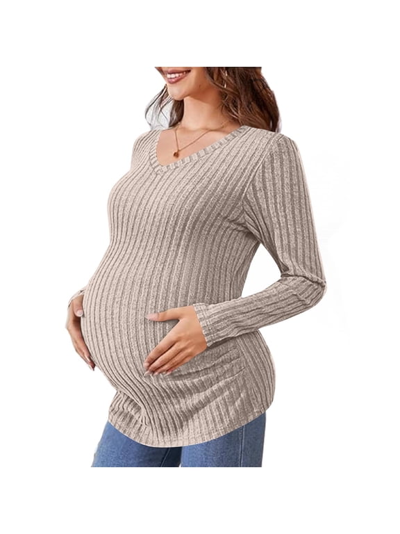 Women's Maternity Sweater Shirt Solid Color Trendy Knit Ribbed Long Sleeve V-Neck Rounded Hem Elastic Side Ruched Pregnant Clothes Sweater Khaki XL