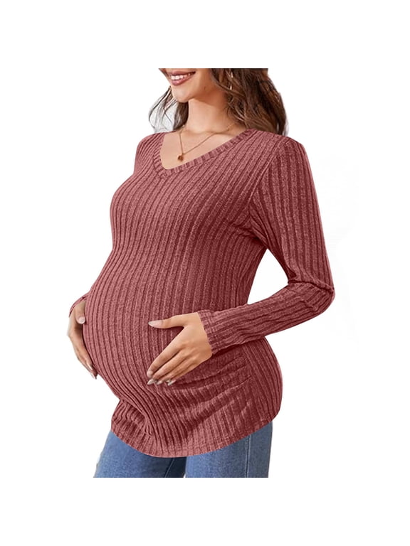 Women's Maternity Sweater Shirt Solid Color Trendy Knit Ribbed Long Sleeve V-Neck Rounded Hem Elastic Side Ruched Pregnant Clothes Sweater Red L
