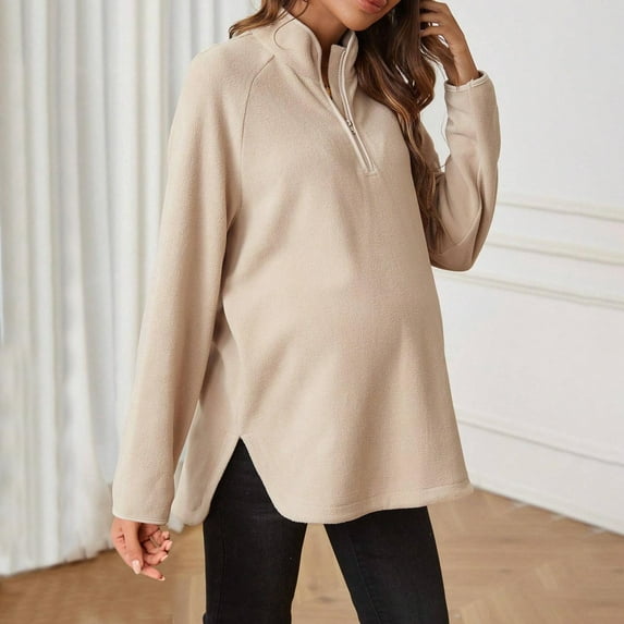 BRGZLK Women's Maternity Tops Stand Collar Fleece Casual Trendy Solid Color Soft Cozy Half Zip Loose Fit Long Sleeve Stretch Pullover Maternity Wear Top for Spring Khaki L