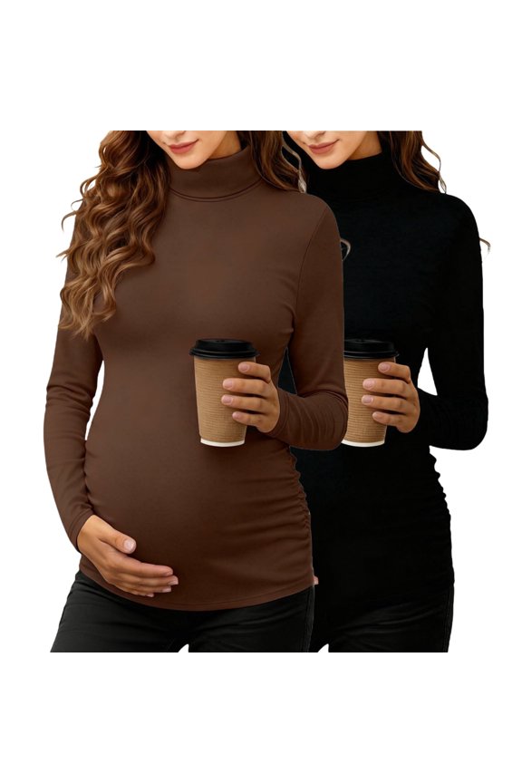 Women's Maternity Turtleneck Long Sleeve Tops Pack of 2 Spring Summer Basic Layering Slim Fit Stretch Semi-Turtle Neck T-shirt,Pregnancy Tops Coffee L