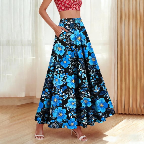 BRGZLK Women's Maxi Skirts Summer 2026 Flowy Ruffle Skirt Retro Boho Floral Print High Waist Lightweight Breathable Maxi Skirt with Pocket Going Out Outfits Blue L