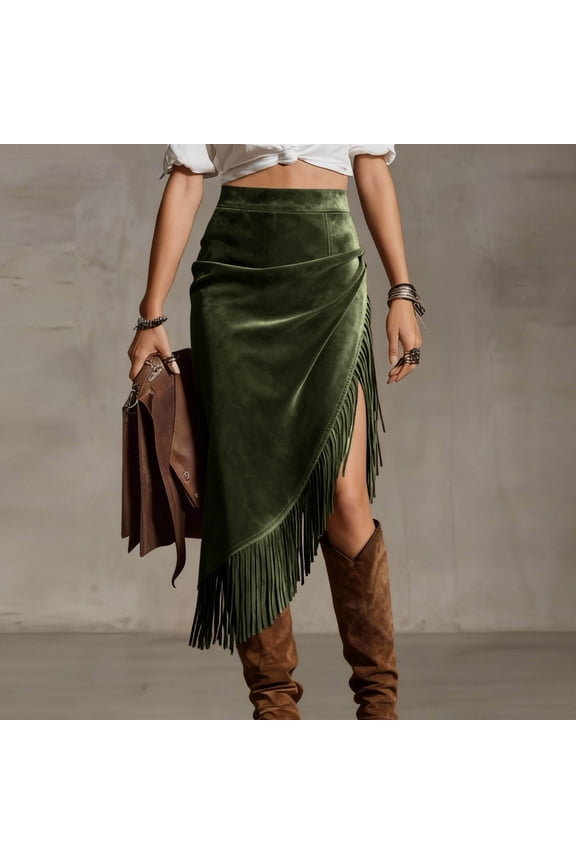 Women's Midi Skirt, Tassel Casual Retro High Waisted Suede Asymmetric Slit Slim Fit Mid Length Western Denim Skirt