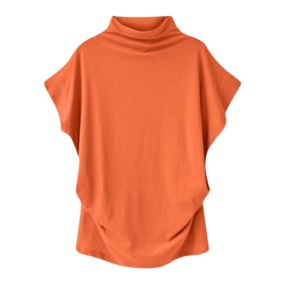 BRGZLK Women's Mock Neck Ruffle Short Sleeve Tops Solid Color Round Neck Cozy Breathable T Shirt Summer Casual Fashion Clothing Watermelon Red L