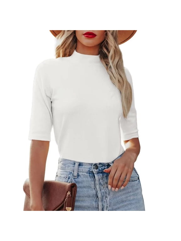 Women's Mock Turtleneck T Shirts Solid Color Trendy Casual Breathable Summer Short Sleeve Tight Basic Dressy Tee Shirt White M