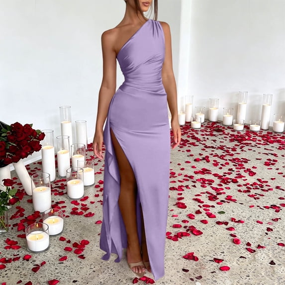 BRGZLK Women's One Shoulder Dresses High Split Bodycon Ruched Satin Prom Dress Asymmetric Hem Cocktail Wedding Party Maxi Dress Date Night Outfits Purple M
