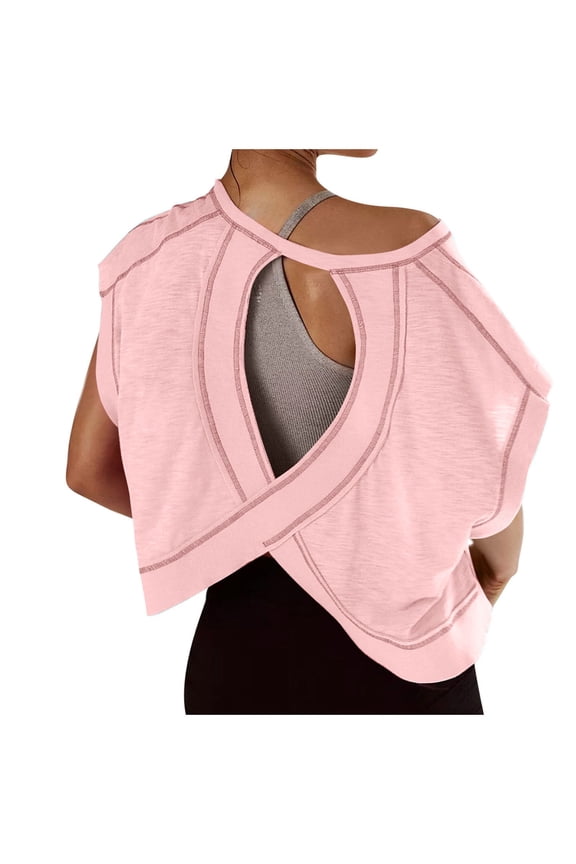 Women's Open Back Workout Tops Casual Solid Color Round Neck Backless Cutout Yoga T-Shirt Sports Fitness Stretch Top Pink S