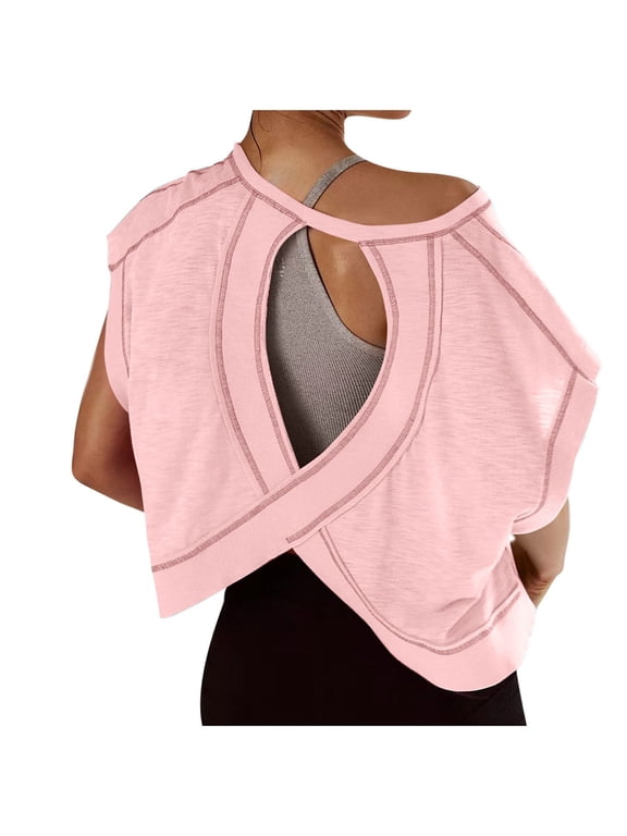 Women's Open Back Workout Tops Casual Solid Color Round Neck Backless Cutout Yoga T-Shirt Sports Fitness Stretch Top Pink S