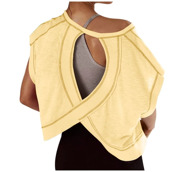 BRGZLK Women's Open Back Workout Tops Casual Solid Color Round Neck Backless Cutout Yoga T-Shirt Sports Fitness Stretch Top Yellow M