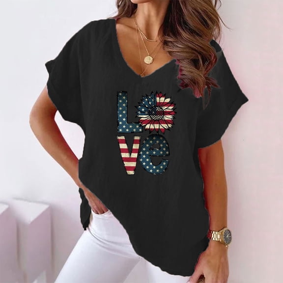 BRGZLK Women's Patriotic V Neck Tops Trendy Independence Day Letter Printed Blouses Loose Comfortable Summer Short Sleeved T-Shirt Black XXL