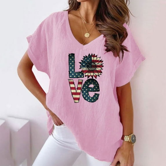 BRGZLK Women's Patriotic V Neck Tops Trendy Independence Day Letter Printed Blouses Loose Comfortable Summer Short Sleeved T-Shirt Pink XXL