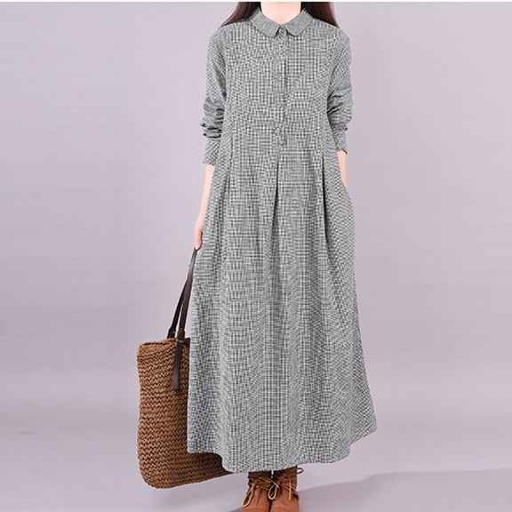 BRGZLK Women's Plaid Button Dresses Linen Loose Fit Plus Size Trendy Polo Collar Breathable Slimming Thin Plaid Long Sleeve Swing Long Dress Gray L