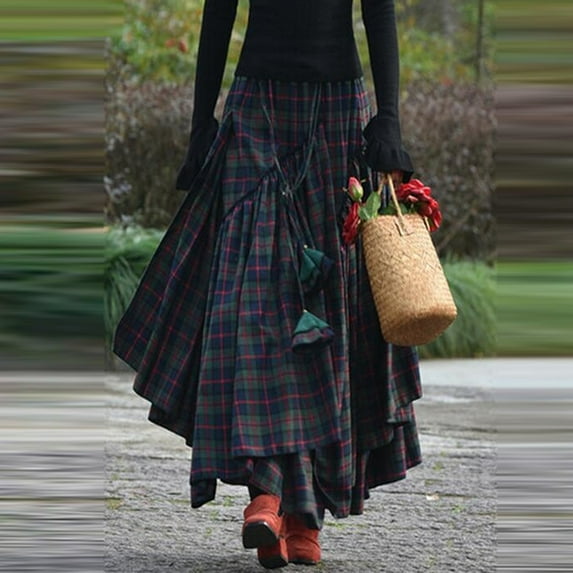 BRGZLK Women's Plaid Maxi Skirt Summer Trendy Elastic High Wasited Tiered Ruffle Asymmetric Hem Comfortable A Line Pleated Flowy Maxi Long Skirts Green 5XL