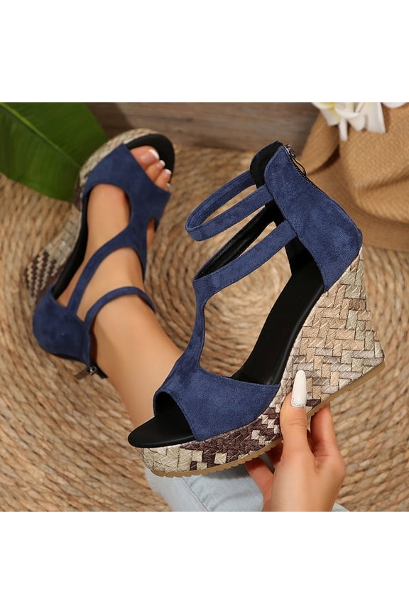 Women's Platform Wedge Sandals Round Toe Peep Toe Casual Versatile Cutout Wedge Heel Sandals for Summer 2026 Blue 7