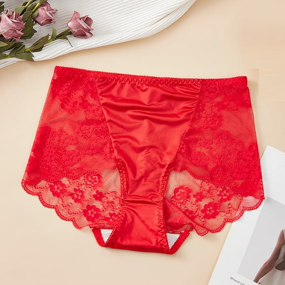 BRGZLK Women's Plus Size Briefs Solid Color Cut Out Lace Trimmed High-Waist Soft Comfortable Breathable Seamless Underwear Red 4XL