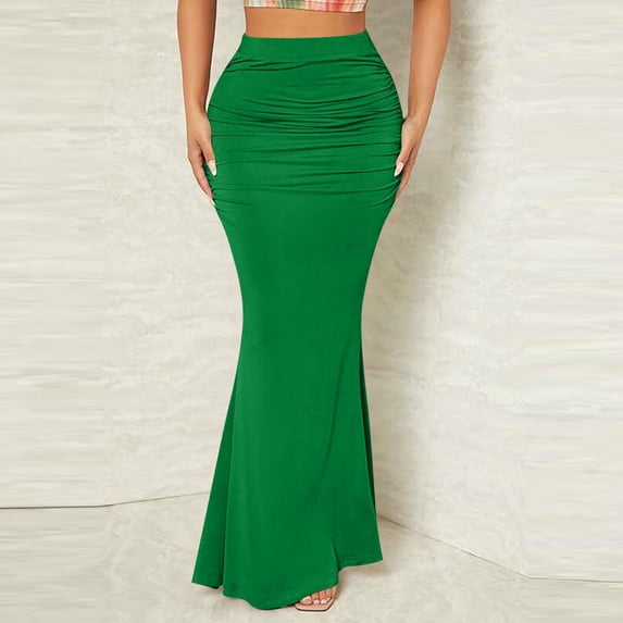 BRGZLK Women's Plus Size Skirt Summer 2026 Casal Solid Color High Waisted Bodycon Ruched Maxi Skirts Going Out Outfit，Women Gifts Green M