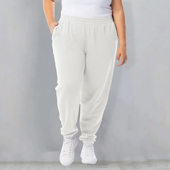 BRGZLK Women's Plus Size Sweatpants Trendy Solid Color Elastic Waistband With Side Pockets Baggy Casual Sports Ankle Pants White XXXXXL