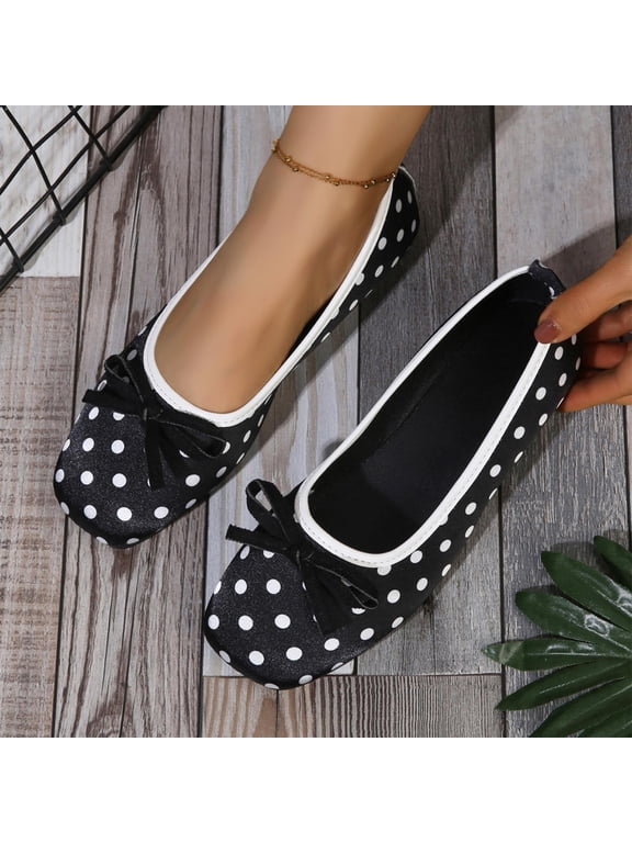 Women's Polka Dot Ballet Flats Trendy Color Block Round Toe Soft Sole Round Toe Slip-On Shoes Spring Summer Flats Black 6.5