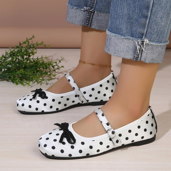 BRGZLK Women's Polka Dot Ballet Flats Trendy Color Block Round Toe Soft Sole Round Toe Slip-On Shoes Spring Summer Flats White A 8.5