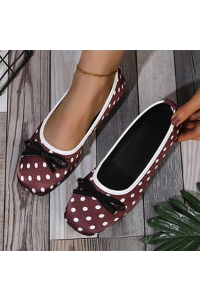 Women's Polka Dot Ballet Flats Trendy Color Block Round Toe Soft Sole Round Toe Slip-On Shoes Spring Summer Flats Wine 9