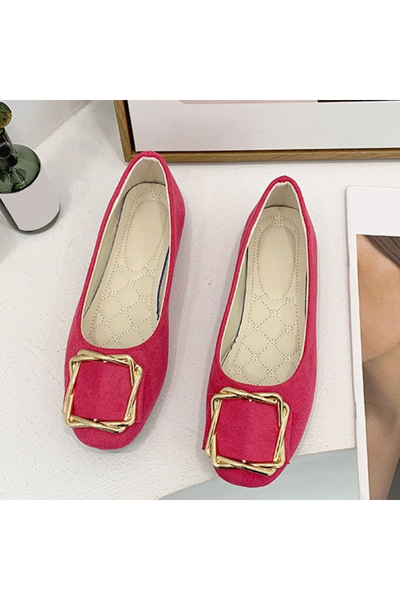 Women's Pumps Square Toe Shoes Fashionable Casual Solid Color Square Metal Buckle Flat Bottom Plus Size Low Heels Work Shoes for Spring Summer Hot Pink 7.5