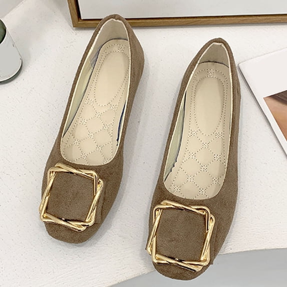 BRGZLK Women's Pumps Square Toe Shoes Fashionable Casual Solid Color Square Metal Buckle Flat Bottom Plus Size Low Heels Work Shoes for Spring Summer Khaki 5.5