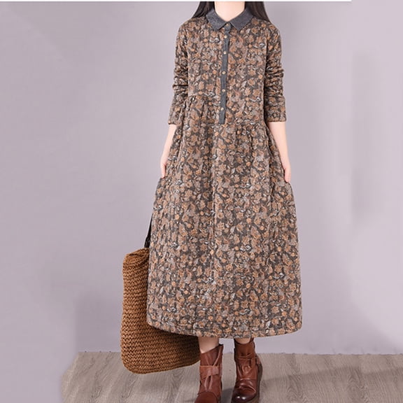 BRGZLK Women's Retro Dresses Bohemian Loose Fit Polo Collar Plus Size Comfortable Cotton Linen Floral Print Long Sleeve Dress Gray XXL