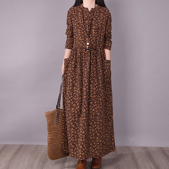 BRGZLK Women's Retro Linen Dresses Frog Button Small Floral Print Casual Waist Tucking Beach Vocation Long Sleeve Dress for Spring Summer Coffee XXL