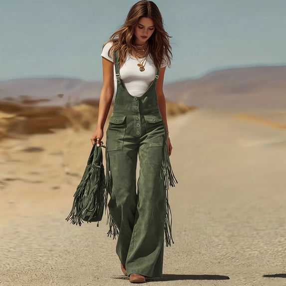 BRGZLK Women's Retro Overalls Trendy Suede Fringe Wide Leg Casual Stretch Adjustable Suspenders Pants Solid Color Cargo Overalls Jumpsuits with Button Pockets Green M