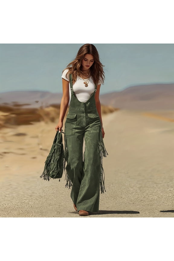 Women's Retro Overalls Trendy Suede Fringe Wide Leg Casual Stretch Adjustable Suspenders Pants Solid Color Cargo Overalls Jumpsuits with Button Pockets Green L