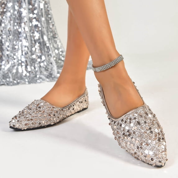 BRGZLK Women's Rhinestone Flats Casual Fashionable Versatile Low Cut Sequined Pointed Toe Soft Soled Flat Shoes Spring Summer Plus Size Trendy Comfortable Flats Rose Gold 8.5