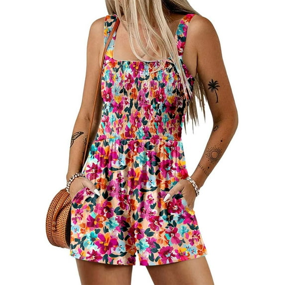 BRGZLK Women's Romper Summer Casual Smocked Jumpsuits Square Neck Sleeveless Loose Elastic Waist Shorts Overalls 2025 Beach Vacation Outfits Multicolor XL