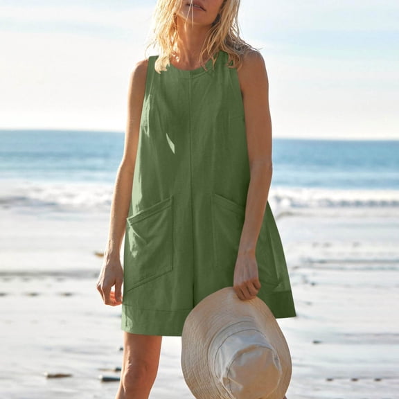 BRGZLK Women's Rompers Summer Casual Sleeveless Jumpsuits Fashion Solid Color Button Loose Shorts Romper with Pocket Green S