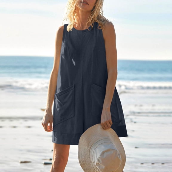 BRGZLK Women's Rompers Summer Casual Sleeveless Jumpsuits Fashion Solid Color Button Loose Shorts Romper with Pocket Navy S
