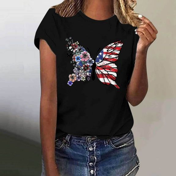 BRGZLK Women's Round Neck T-Shirts American Independence Day Gift Tees Loose Casual Round Neck Short Sleeved Tops Black L